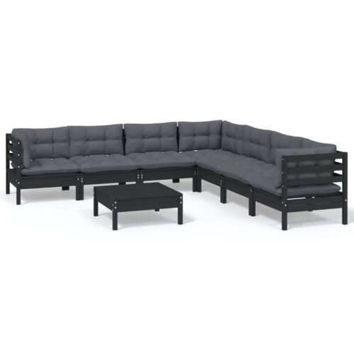 8-Piece Garden Lounge Set with Cushions Black Pine Wood Outdoor Patio Furniture