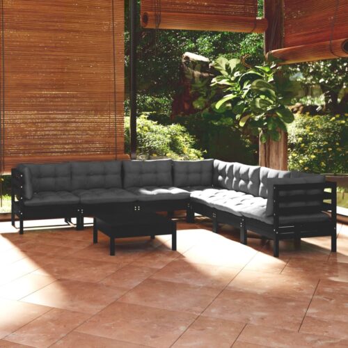 8-Piece Garden Lounge Set with Cushions Black Pine Wood Outdoor Patio Furniture - Image 2
