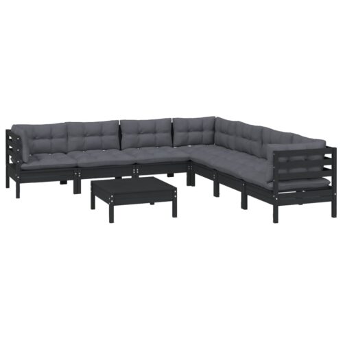 8-Piece Garden Lounge Set with Cushions Black Pine Wood Outdoor Patio Furniture - Image 3