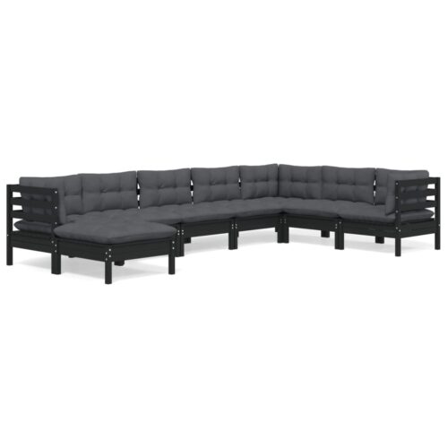 8-Piece Garden Lounge Set with Cushions Black Pine Wood Outdoor Patio Furniture