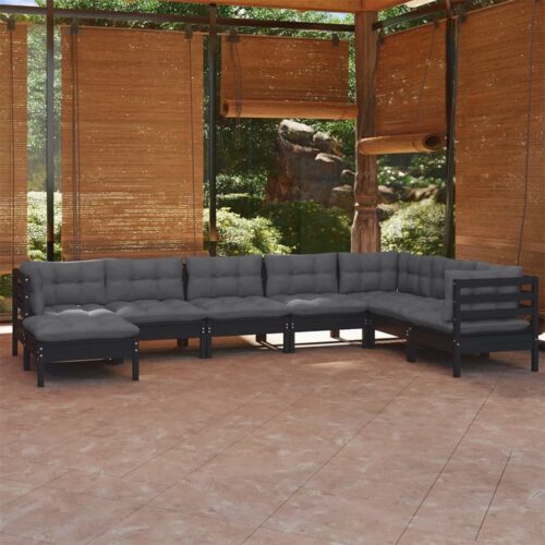 8-Piece Garden Lounge Set with Cushions Black Pine Wood Outdoor Patio Furniture - Image 2