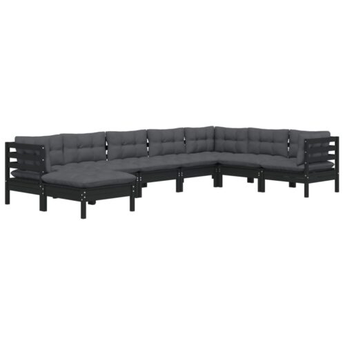 8-Piece Garden Lounge Set with Cushions Black Pine Wood Outdoor Patio Furniture - Image 3