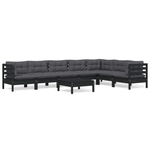 8-Piece Garden Lounge Set with Cushions Black Pine Wood Outdoor Patio Furniture