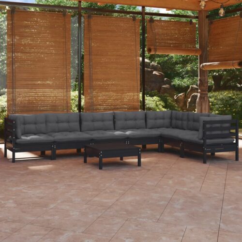 8-Piece Garden Lounge Set with Cushions Black Pine Wood Outdoor Patio Furniture - Image 2