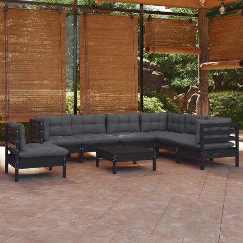 8-Piece Garden Lounge Set with Cushions Black Pine Wood Outdoor Patio Furniture - Image 2