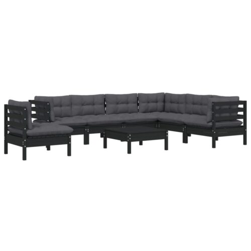8-Piece Garden Lounge Set with Cushions Black Pine Wood Outdoor Patio Furniture - Image 3