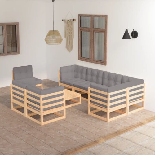 9-Piece Garden Lounge Set with Cushions Pine Wood Outdoor Patio Furniture - Image 2