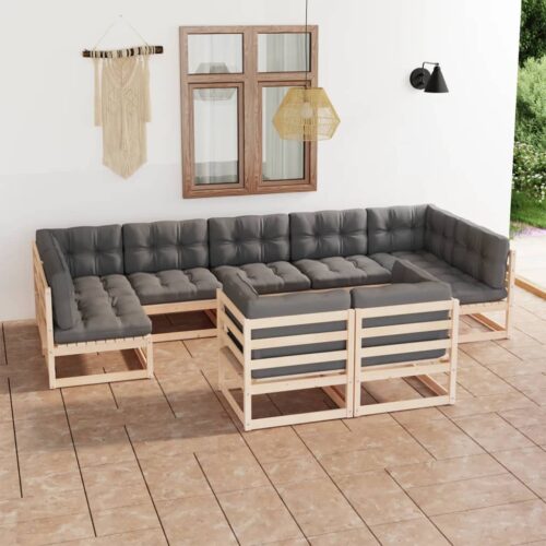 9-Piece Garden Lounge Set with Cushions Pine Wood Outdoor Patio Furniture - Image 2
