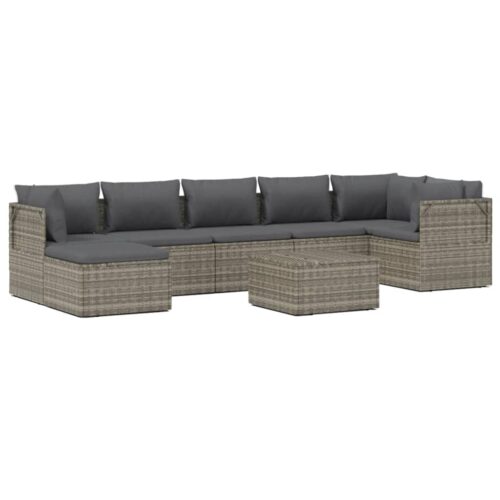 8-Piece Garden Lounge Set with Cushions Grey Poly Rattan Wicker Outdoor Patio Furniture