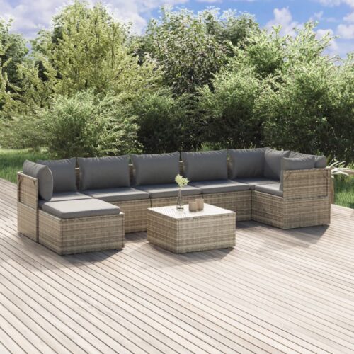 8-Piece Garden Lounge Set with Cushions Grey Poly Rattan Wicker Outdoor Patio Furniture - Image 2