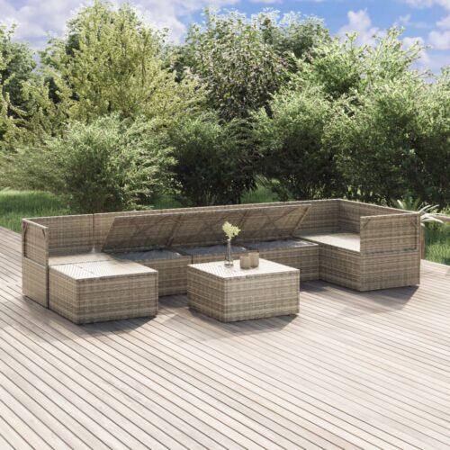 8-Piece Garden Lounge Set with Cushions Grey Poly Rattan Wicker Outdoor Patio Furniture - Image 4