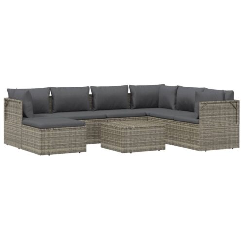8-Piece Garden Lounge Set with Cushions Grey Poly Rattan Wicker Outdoor Patio Furniture - Image 3