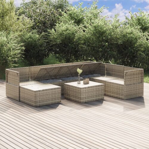 8-Piece Garden Lounge Set with Cushions Grey Poly Rattan Wicker Outdoor Patio Furniture - Image 4