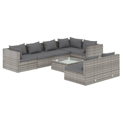 8-Piece Garden Lounge Set with Cushions Grey Poly Rattan Wicker Outdoor Patio Furniture