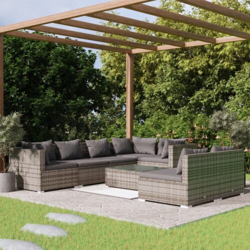 8-Piece Garden Lounge Set with Cushions Grey Poly Rattan Wicker Outdoor Patio Furniture - Image 2
