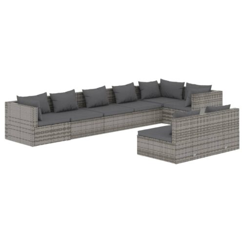 8-Piece Garden Lounge Set with Cushions Grey Poly Rattan Wicker Outdoor Patio Furniture