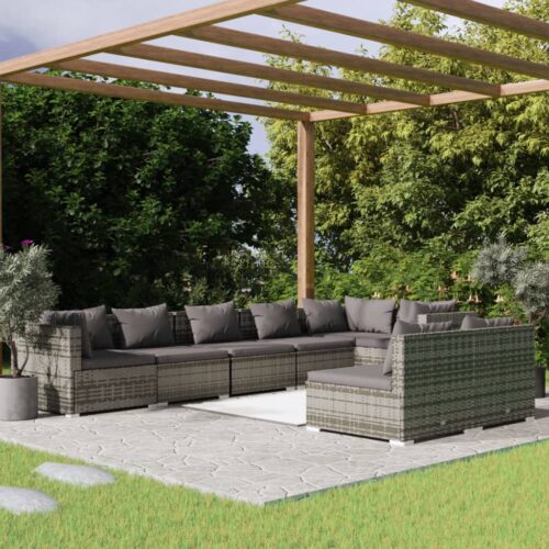 8-Piece Garden Lounge Set with Cushions Grey Poly Rattan Wicker Outdoor Patio Furniture - Image 2