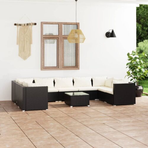 10-Piece Garden Lounge Set with Cushions Poly Rattan Wicker Outdoor Patio Furniture Black - Image 11