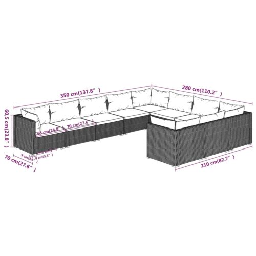 10-Piece Garden Lounge Set with Cushions Poly Rattan Wicker Outdoor Patio Furniture Black - Image 6