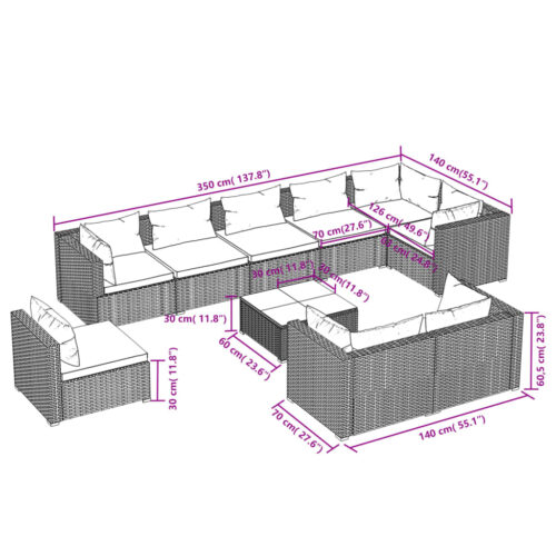 10-Piece Garden Lounge Set with Cushions Poly Rattan Wicker Outdoor Patio Furniture Black - Image 5