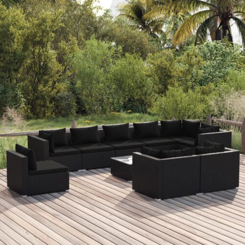10-Piece Garden Lounge Set with Cushions Poly Rattan Wicker Outdoor Patio Furniture Black - Image 9