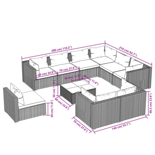 10-Piece Garden Lounge Set with Cushions Poly Rattan Wicker Outdoor Patio Furniture Black - Image 5