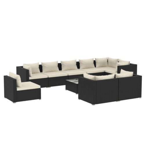 10-Piece Garden Lounge Set with Cushions Poly Rattan Wicker Outdoor Patio Furniture Black