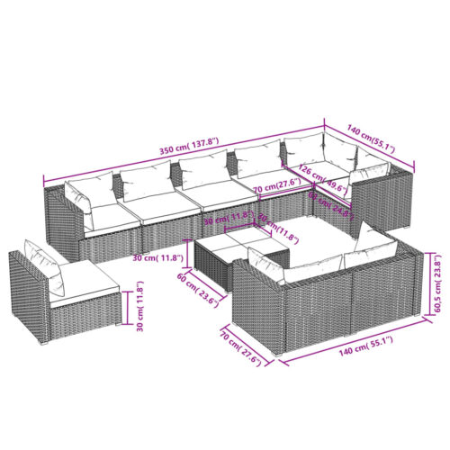 10-Piece Garden Lounge Set with Cushions Poly Rattan Wicker Outdoor Patio Furniture Black - Image 5