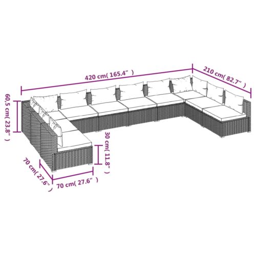 10-Piece Garden Lounge Set with Cushions Poly Rattan Wicker Outdoor Patio Furniture Black - Image 6