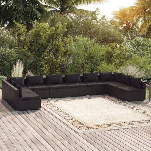 10-Piece Garden Lounge Set with Cushions Poly Rattan Wicker Outdoor Patio Furniture Black - Image 9