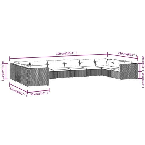10-Piece Garden Lounge Set with Cushions Poly Rattan Wicker Outdoor Patio Furniture Black - Image 6