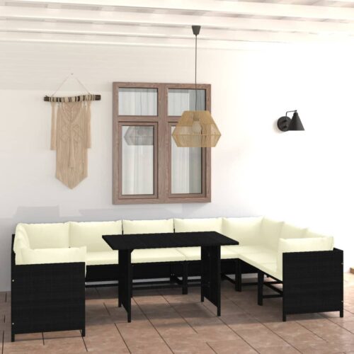 10-Piece Garden Lounge Set with Cushions Poly Rattan Wicker Outdoor Patio Furniture Black - Image 11