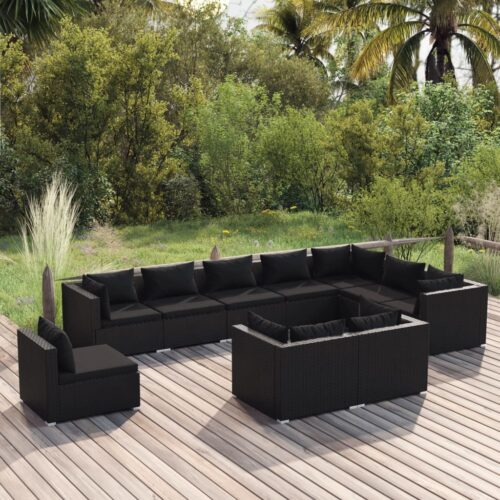 10-Piece Garden Lounge Set with Cushions Poly Rattan Wicker Outdoor Patio Furniture Black - Image 7