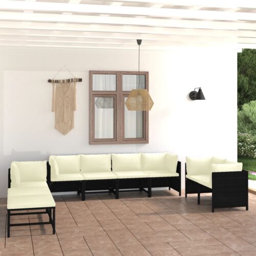 10-Piece Garden Lounge Set with Cushions Poly Rattan Wicker Outdoor Patio Furniture Black - Image 11