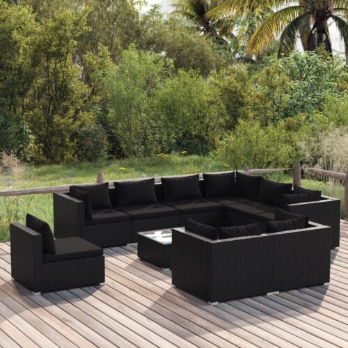10-Piece Garden Lounge Set with Cushions Poly Rattan Wicker Outdoor Patio Furniture Black - Image 9