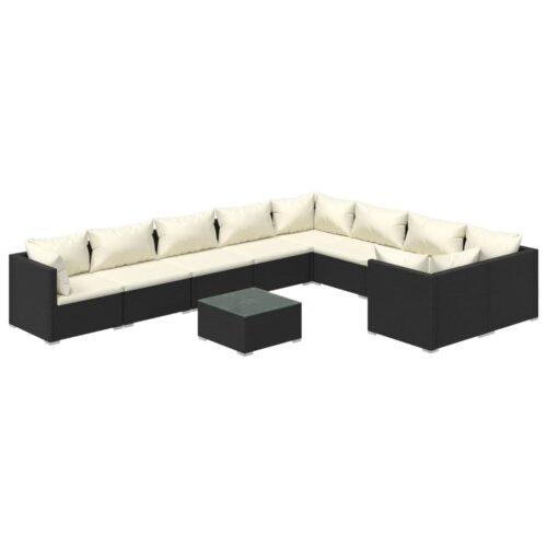 10-Piece Garden Lounge Set with Cushions Poly Rattan Wicker Outdoor Patio Furniture Black