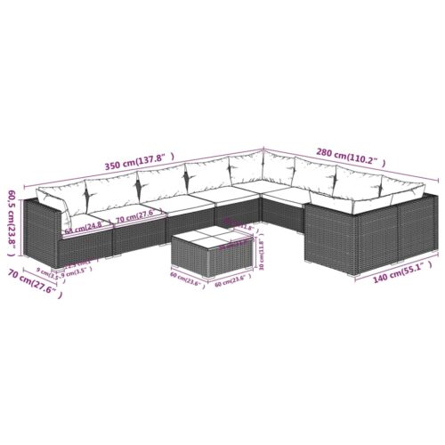 10-Piece Garden Lounge Set with Cushions Poly Rattan Wicker Outdoor Patio Furniture Black - Image 8
