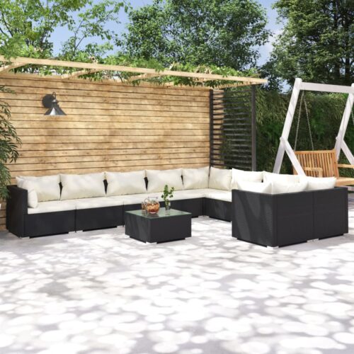 10-Piece Garden Lounge Set with Cushions Poly Rattan Wicker Outdoor Patio Furniture Black - Image 11