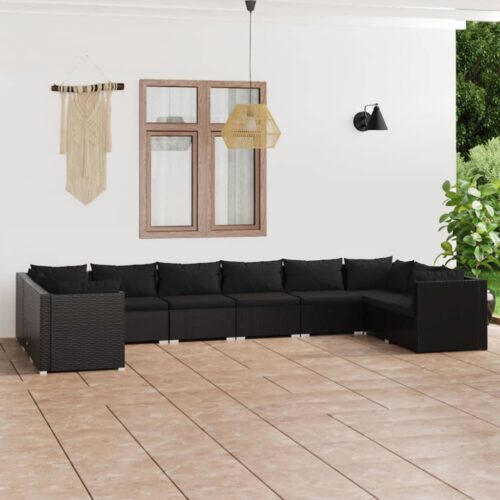 10-Piece Garden Lounge Set with Cushions Poly Rattan Wicker Outdoor Patio Furniture Black - Image 9