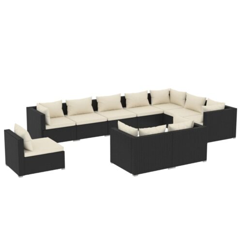 10-Piece Garden Lounge Set with Cushions Poly Rattan Wicker Outdoor Patio Furniture Black