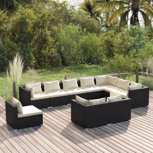 10-Piece Garden Lounge Set with Cushions Poly Rattan Wicker Outdoor Patio Furniture Black - Image 7
