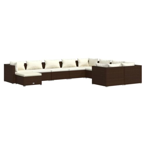 10-Piece Garden Lounge Set with Cushions Poly Rattan Wicker Outdoor Patio Furniture Brown