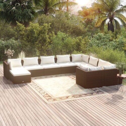 10-Piece Garden Lounge Set with Cushions Poly Rattan Wicker Outdoor Patio Furniture Brown - Image 11