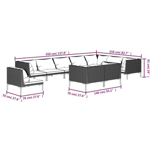 10-Piece Garden Lounge Set with Cushions Poly Rattan Wicker Outdoor Patio Furniture Dark Grey - Image 6