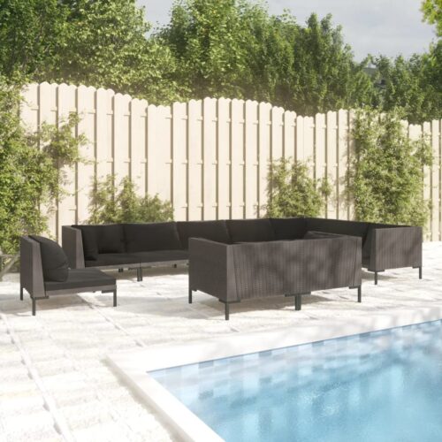 10-Piece Garden Lounge Set with Cushions Poly Rattan Wicker Outdoor Patio Furniture Dark Grey - Image 9