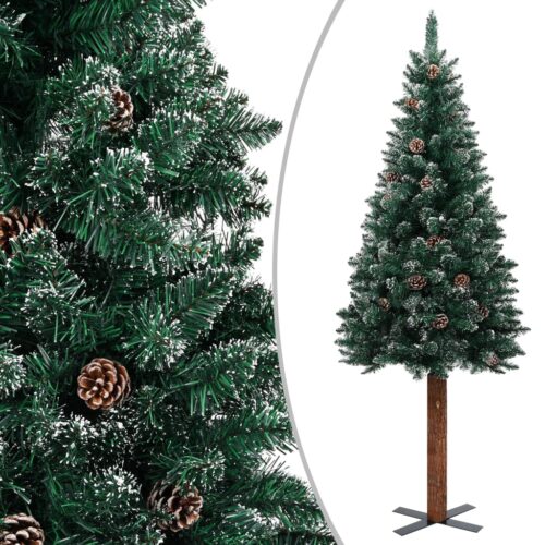 Slim Christmas Tree with Real Wood White Snow Green 150cm