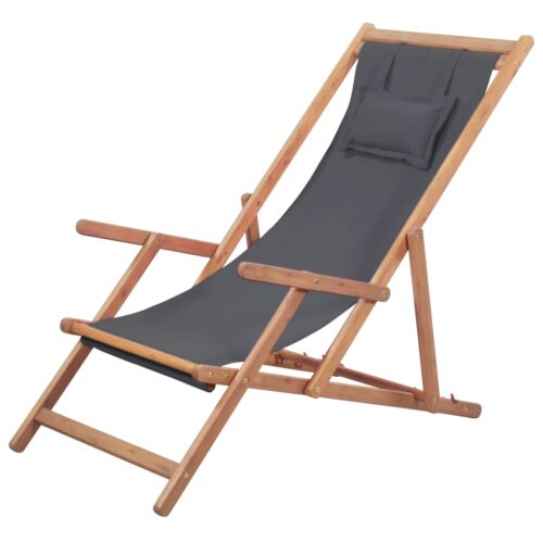 Folding Beach Chair Fabric Wooden Frame Grey