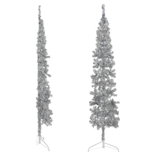 Slim Artificial Half Christmas Tree with Stand Silver 210cm - Image 3