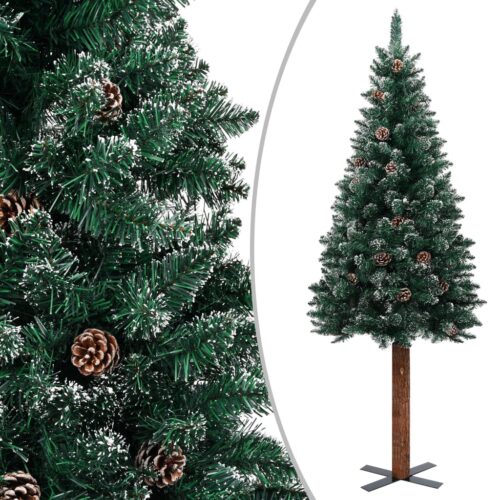 Slim Christmas Tree with Real Wood White Snow Green 180cm