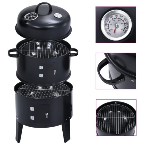 3-in-1 Charcoal BBQ Grill Smoker Portable Outdoor Roaster Steel Camping Black